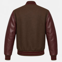 Brown wool letterman jacket with maroon cowhide sleeves, back view