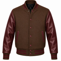 Brown melton wool letterman jacket with maroon leather sleeves, front view