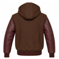 Brown and Maroon Varsity Jacket with Hood