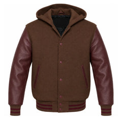 Brown and Maroon Varsity Jacket with Hood