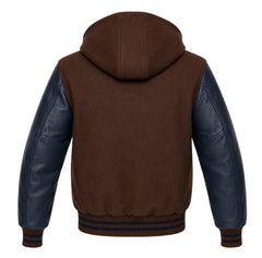 Brown and Navy Blue Varsity Jacket with Hood