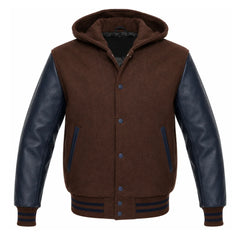 Brown and Navy Blue Varsity Jacket with Hood