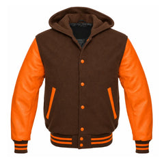 Brown and Orange Hooded Varsity Jacket