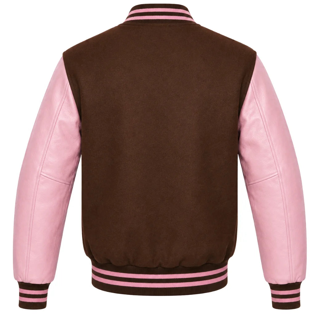 Brown wool varsity jacket with pink cowhide sleeves, back view