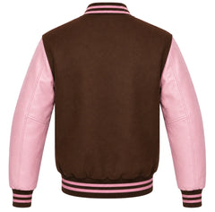 Brown wool varsity jacket with pink cowhide sleeves, back view