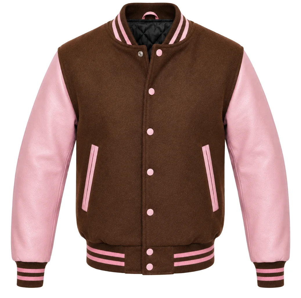 Brown melton wool varsity jacket with pink leather sleeves, front view