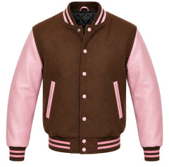 Brown melton wool varsity jacket with pink leather sleeves, front view