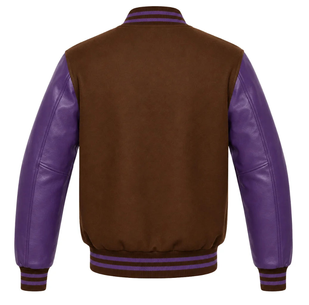 Brown wool varsity jacket with purple cowhide sleeves, back view