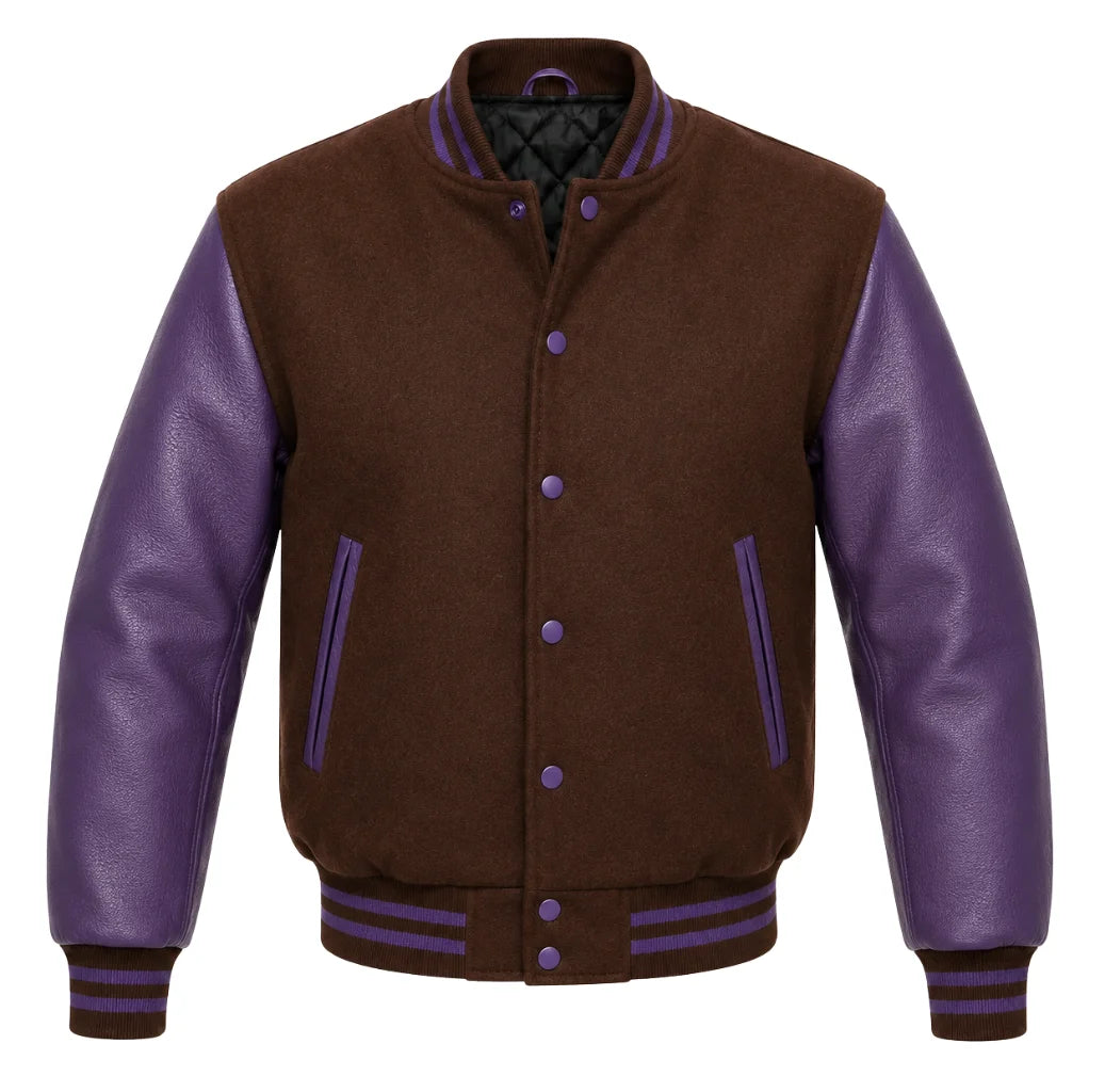Brown melton wool varsity jacket with purple leather sleeves, front view