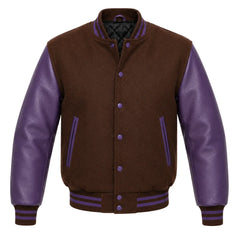 Brown melton wool varsity jacket with purple leather sleeves, front view