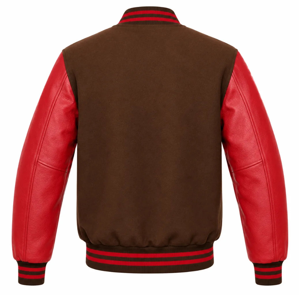 Brown wool varsity jacket with red cowhide sleeves, back view