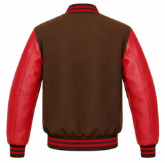 Brown wool varsity jacket with red cowhide sleeves, back view