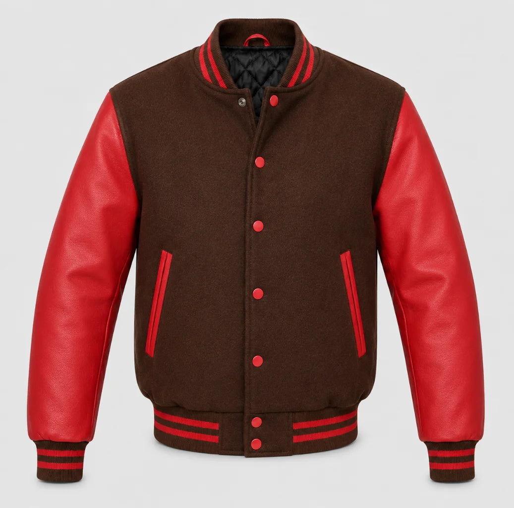 Brown melton wool varsity jacket with red leather sleeves, front view