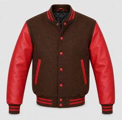 Brown melton wool varsity jacket with red leather sleeves, front view