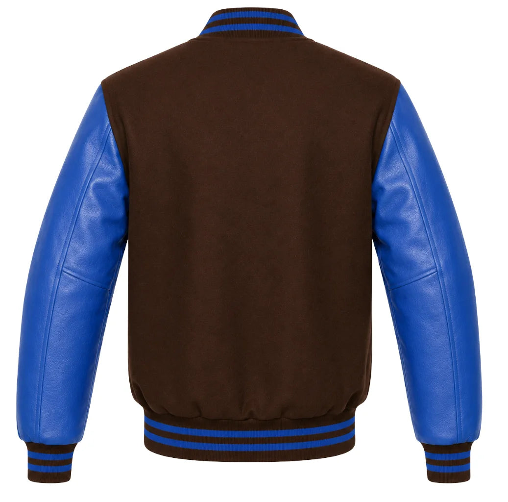 Brown wool varsity jacket with royal blue cowhide sleeves, back view