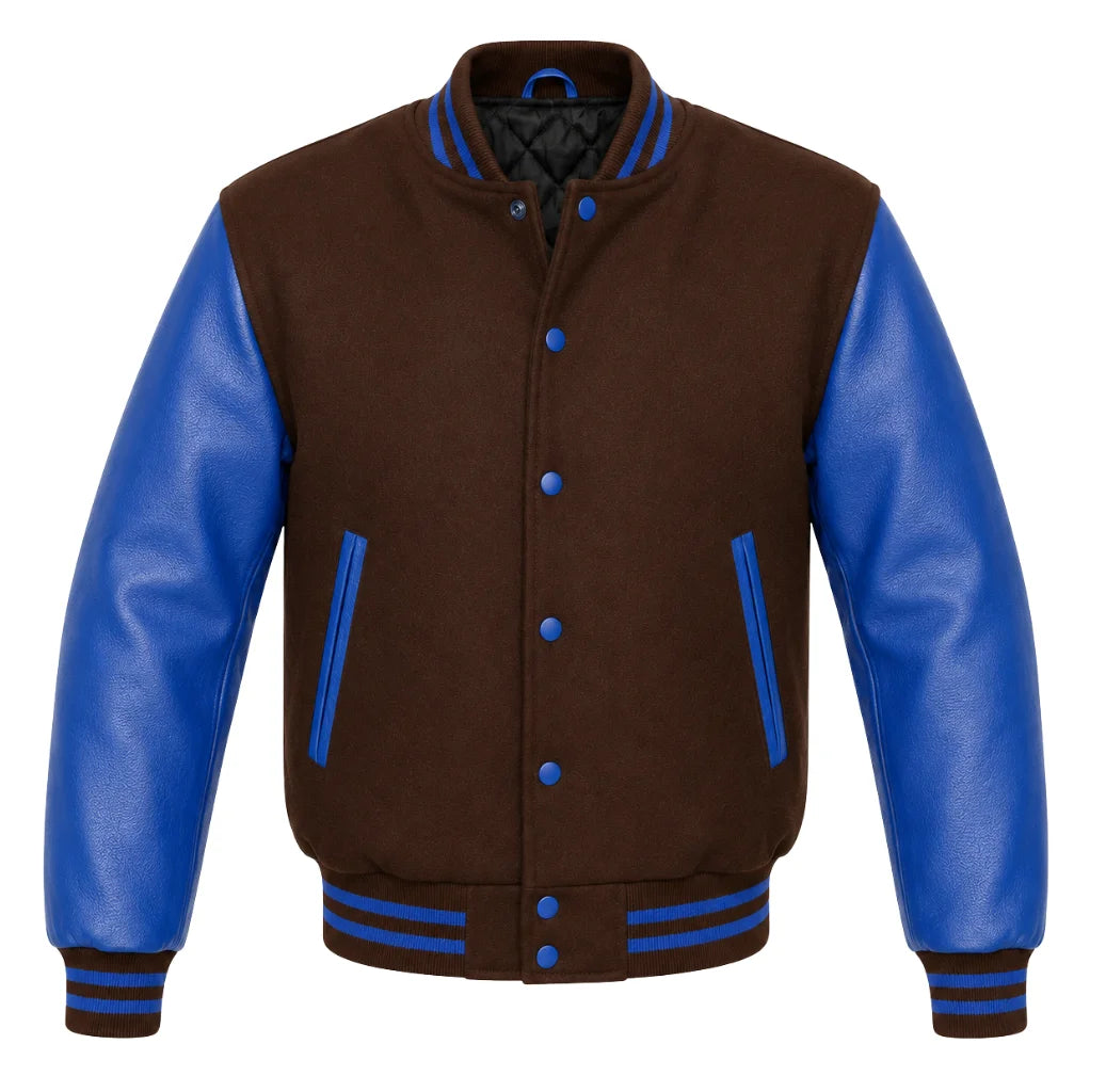 Brown melton wool varsity jacket with royal blue leather sleeves, front view