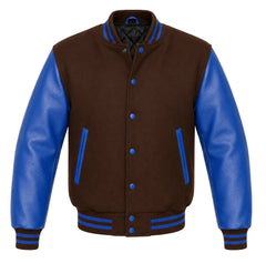 Brown melton wool varsity jacket with royal blue leather sleeves, front view