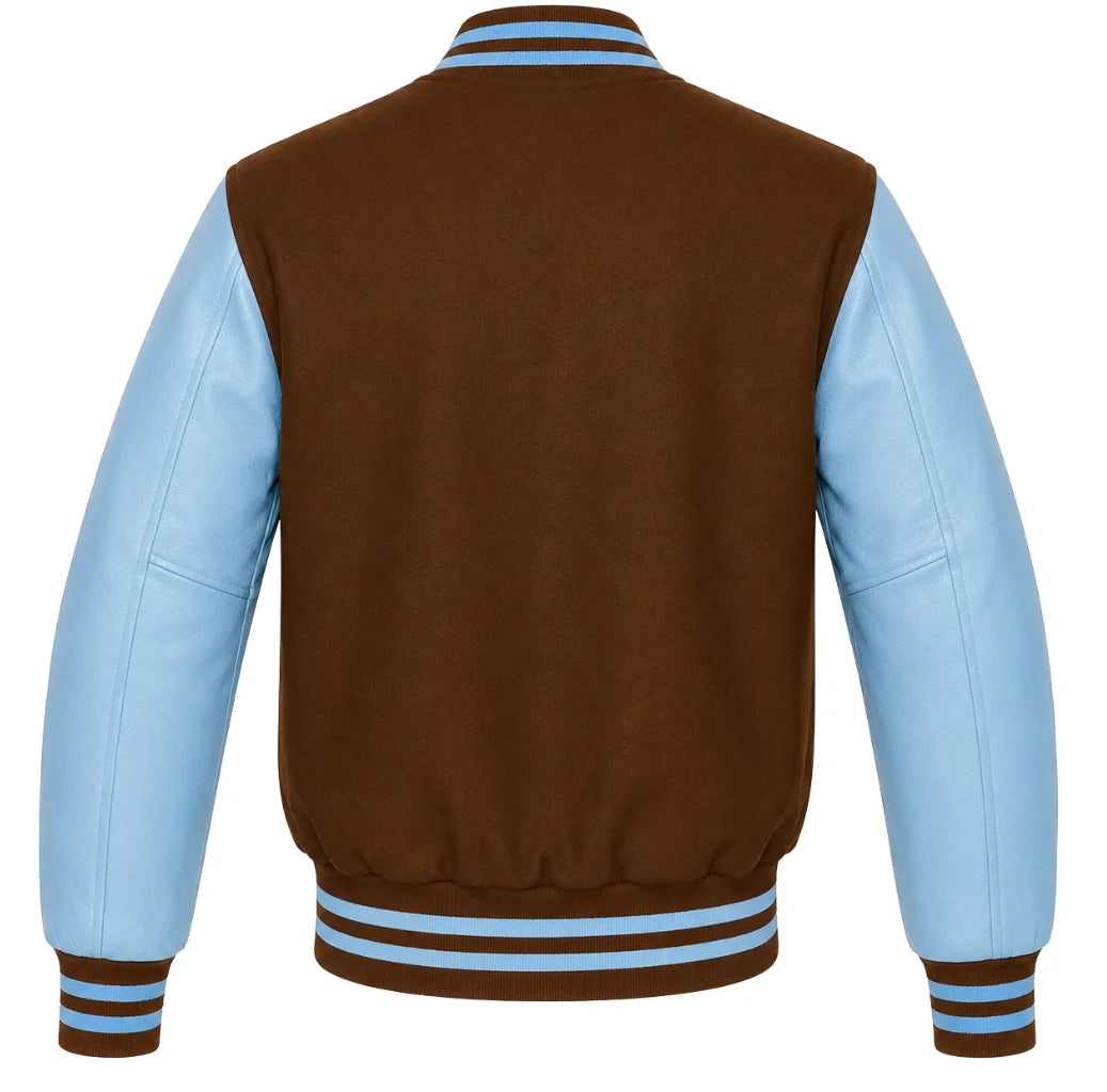 Brown wool letterman jacket with sky blue cowhide sleeves, back view