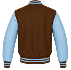 Brown wool letterman jacket with sky blue cowhide sleeves, back view