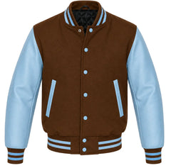 Brown melton wool letterman jacket with sky blue leather sleeves, front view