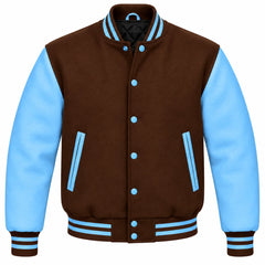 Brown and Sky Blue Wool Letterman Jacket