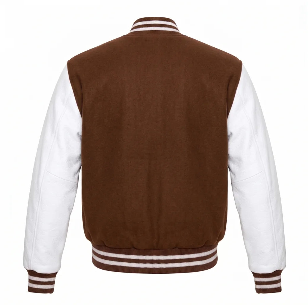 Brown and White Varsity Jacket with Wool Body and Leather Sleeves Back View