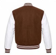Brown and White Varsity Jacket with Wool Body and Leather Sleeves Back View