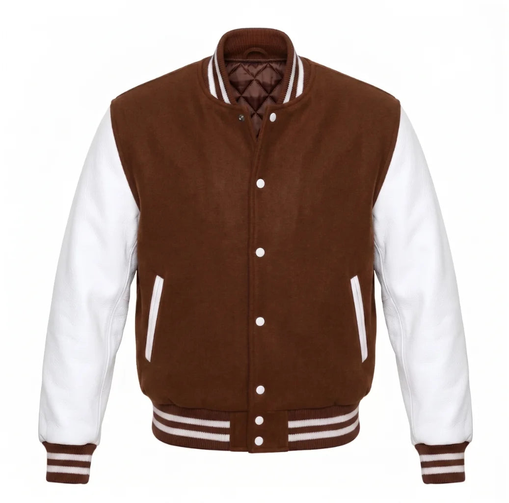 Brown and White Varsity Jacket with Wool Body and Leather Sleeves