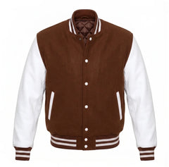 Brown and White Varsity Jacket with Wool Body and Leather Sleeves
