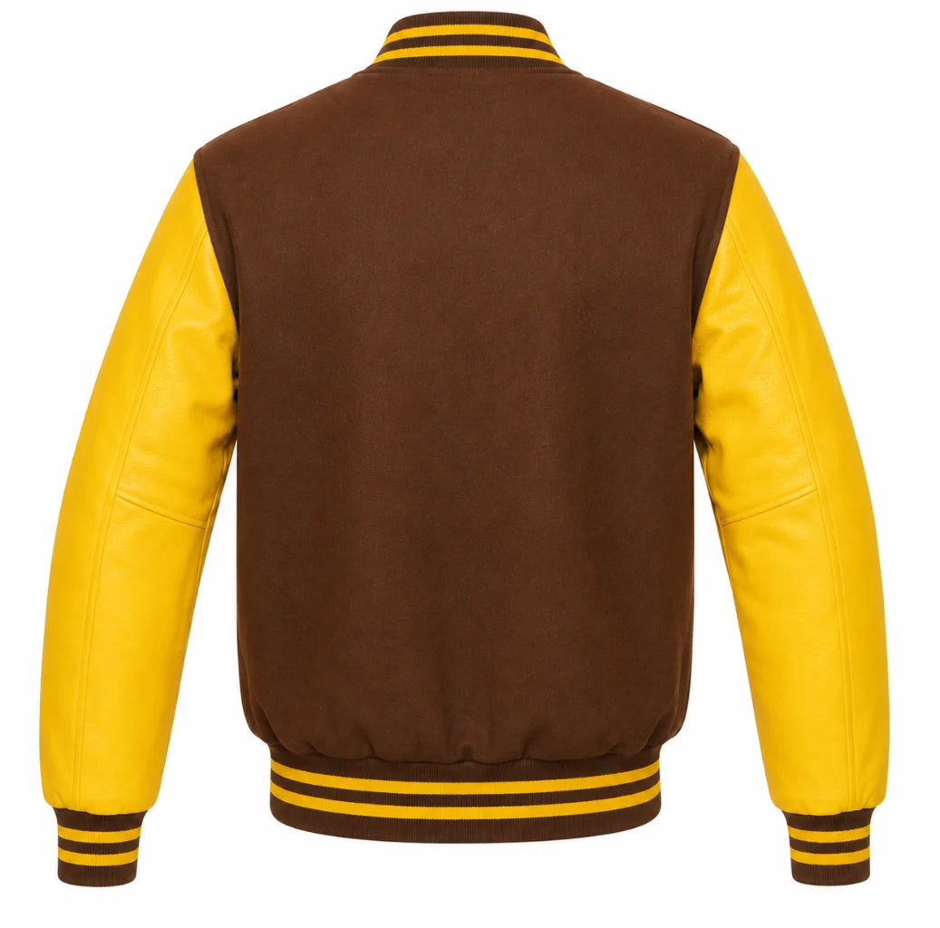 Brown wool varsity jacket with yellow cowhide sleeves, back view