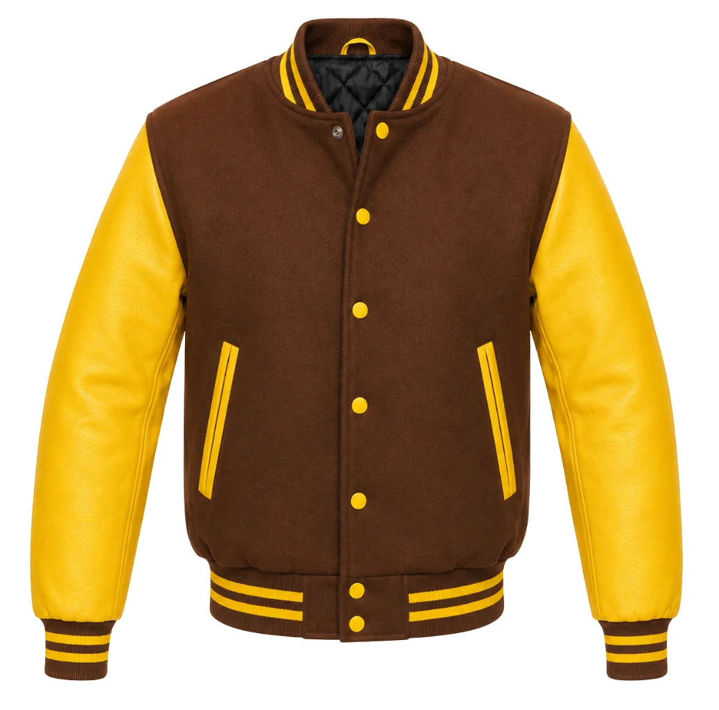 Brown melton wool varsity jacket with yellow leather sleeves, front view