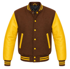 Brown melton wool varsity jacket with yellow leather sleeves, front view
