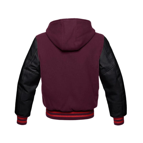 Burgundy Wool and Black Leather Hooded Varsity Jacket Back Side