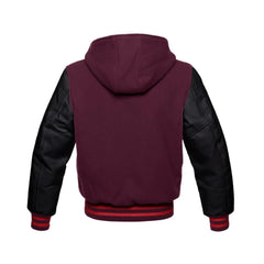 Burgundy Wool and Black Leather Hooded Varsity Jacket Back Side