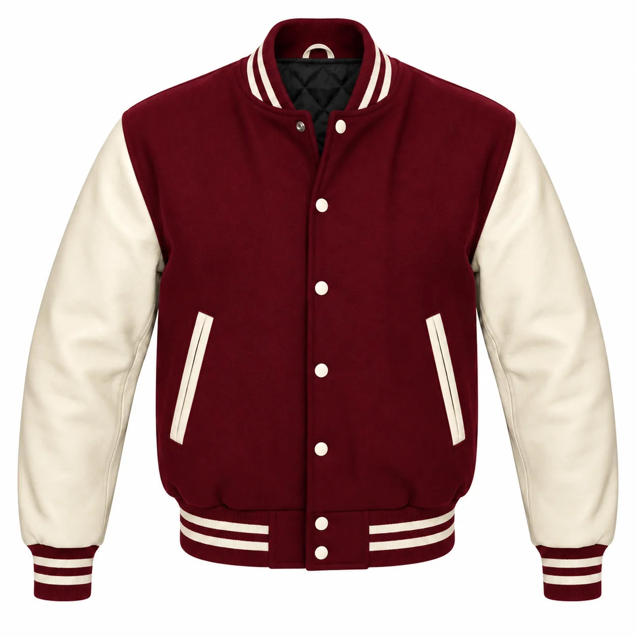 Burgundy and Cream Varsity Jacket with Wool Body and Leather Sleeves