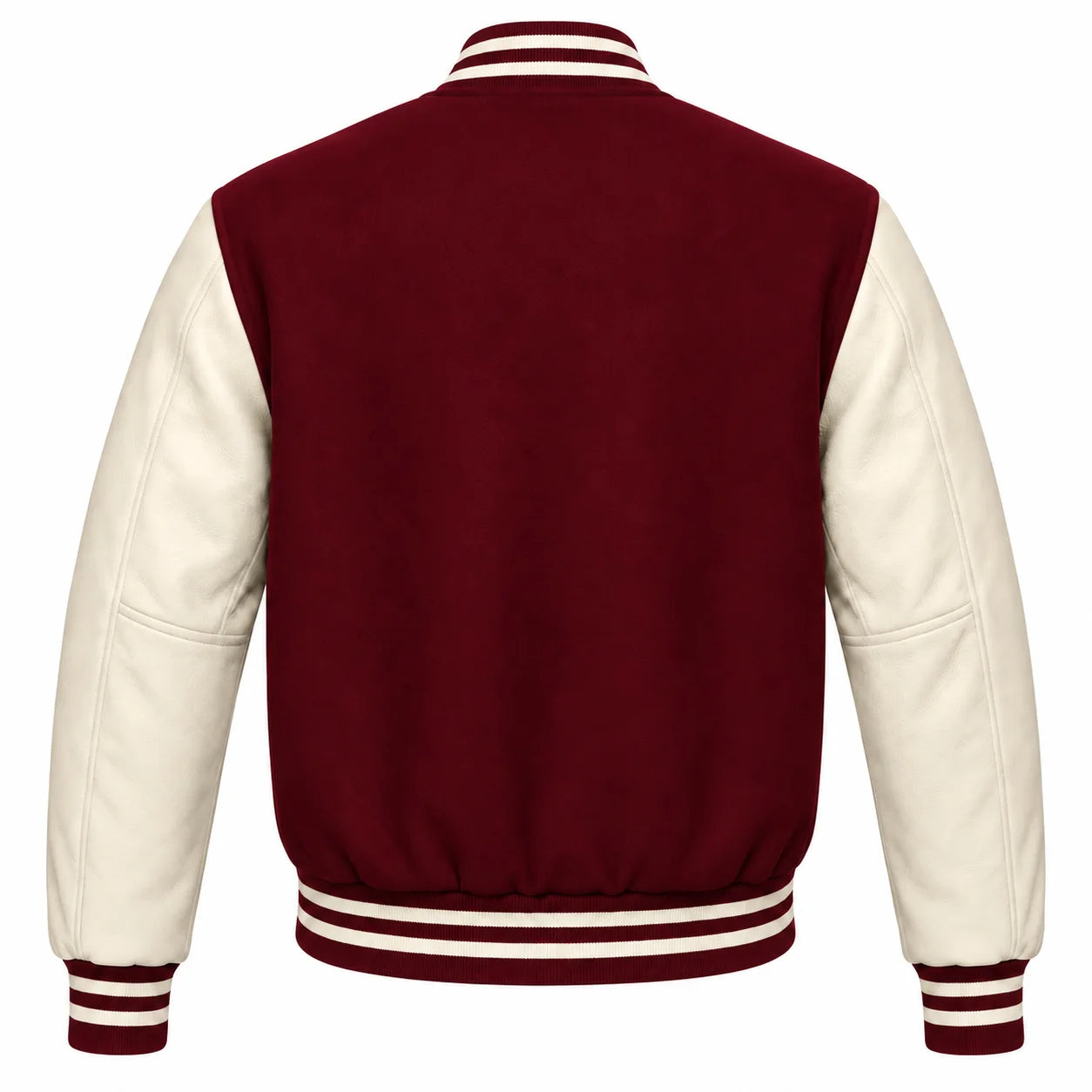 Burgundy and Cream Varsity Jacket with Wool Body and Leather Sleeves Back View