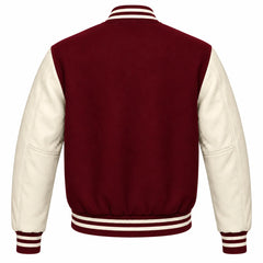 Burgundy and Cream Varsity Jacket with Wool Body and Leather Sleeves Back View