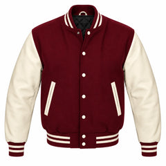 Burgundy and Cream Varsity Jacket with Wool Body and Leather Sleeves
