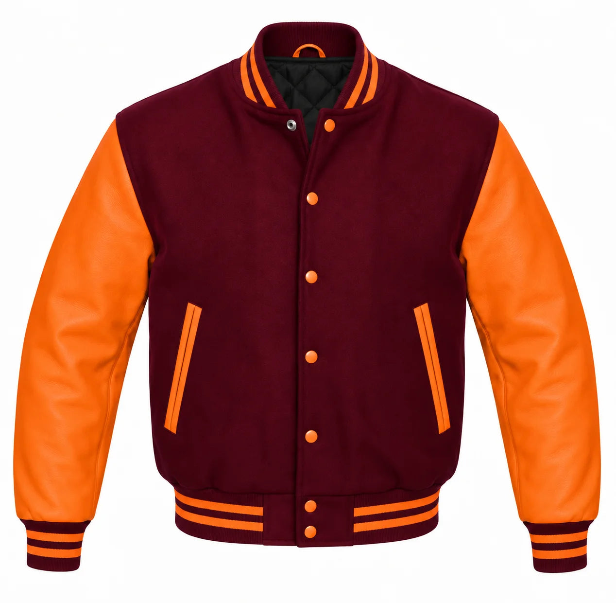 Burgundy and Orange Varsity Jacket with Wool Body and Leather Sleeves
