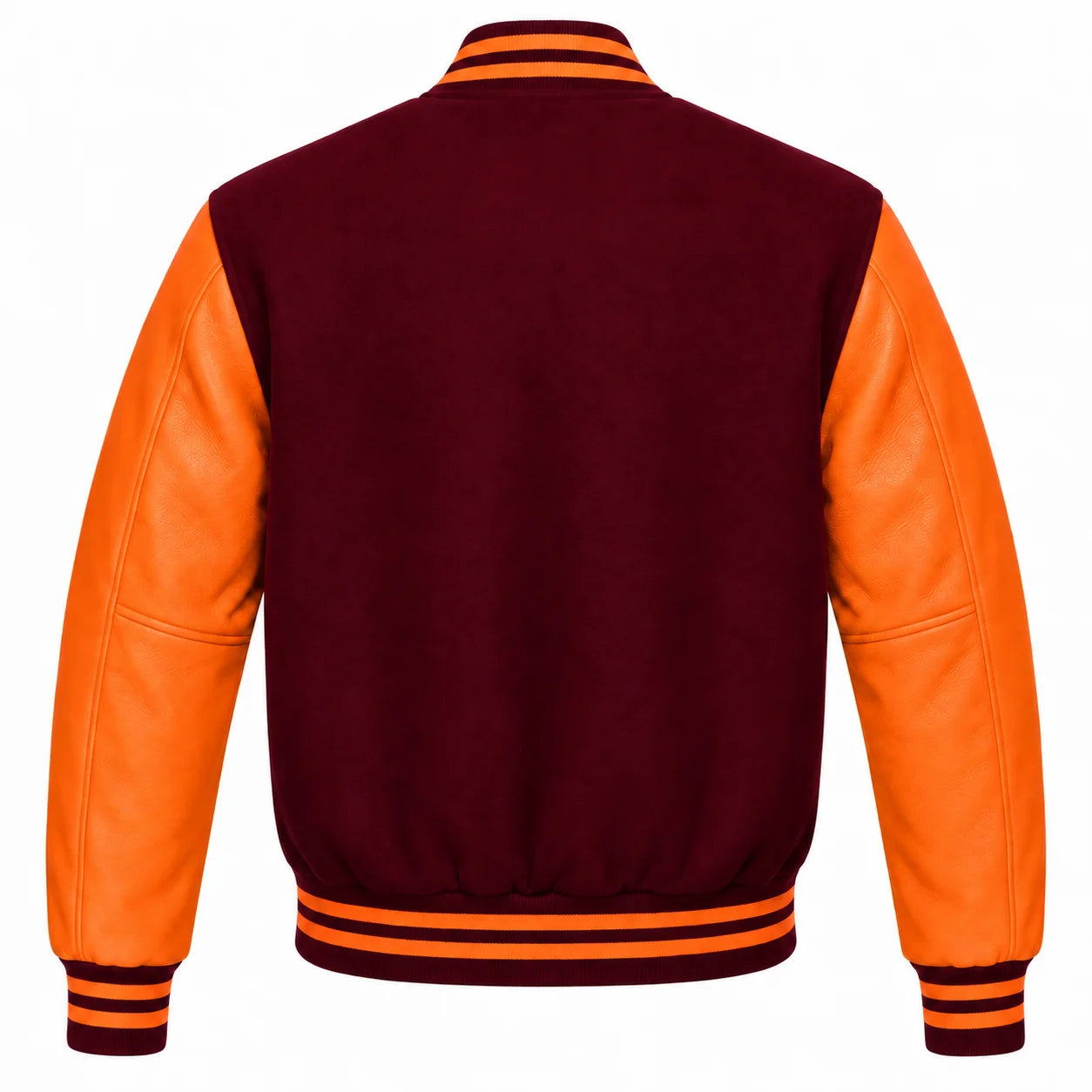 Burgundy and Orange Varsity Jacket with Wool Body and Leather Sleeves Back View