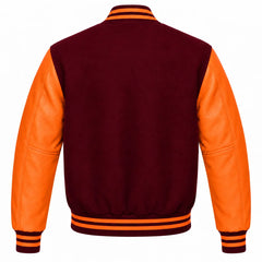 Burgundy and Orange Varsity Jacket with Wool Body and Leather Sleeves Back View