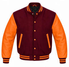 Burgundy and Orange Varsity Jacket with Wool Body and Leather Sleeves