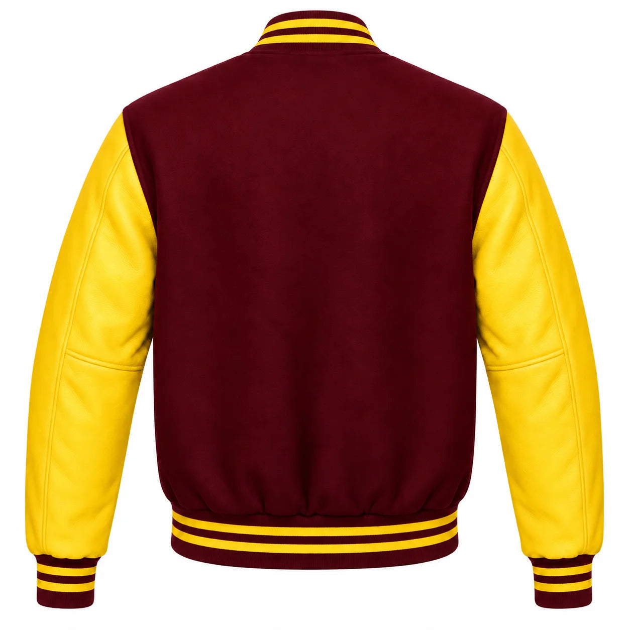 Burgundy and Yellow Varsity Jacket with Wool Body and Leather Sleeves Back View