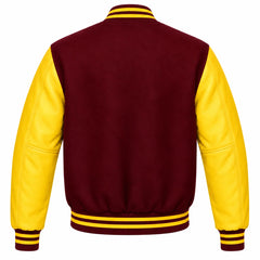 Burgundy and Yellow Varsity Jacket with Wool Body and Leather Sleeves Back View