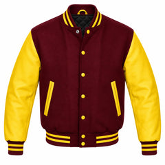 Burgundy and Yellow Varsity Jacket with Wool Body and Leather Sleeves