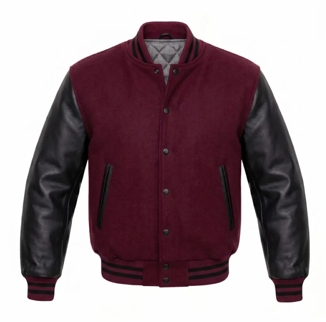 Burgundy and Black Varsity Jacket with Wool Body and Leather Sleeves