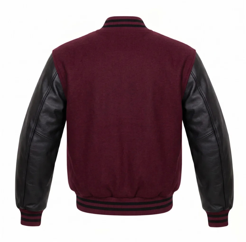 Burgundy and Black Varsity Jacket with Wool Body and Leather Sleeves Back View