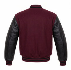 Burgundy and Black Varsity Jacket with Wool Body and Leather Sleeves Back View