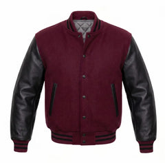Burgundy and Black Varsity Jacket with Wool Body and Leather Sleeves