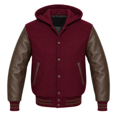 Burgundy and Brown Hooded Varsity Jacket